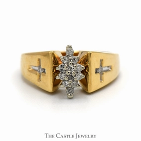 Artisan Item Marquise Shaped Diamond Cluster Ring with Cross Designed Sides in 10k Yellow Gold
