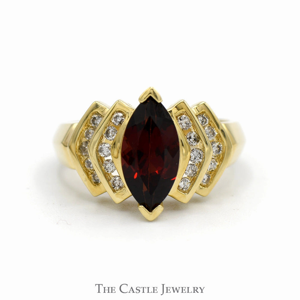 Marquise Shaped Garnet Solitaire Ring with Diamond Accents in 14k Yellow Gold Branded Style Modern Style