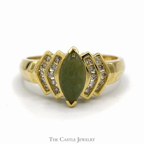Marquise Shaped Jade Ring with Channel Set Diamond Accents in 14k Yellow Gold Shimmer Look