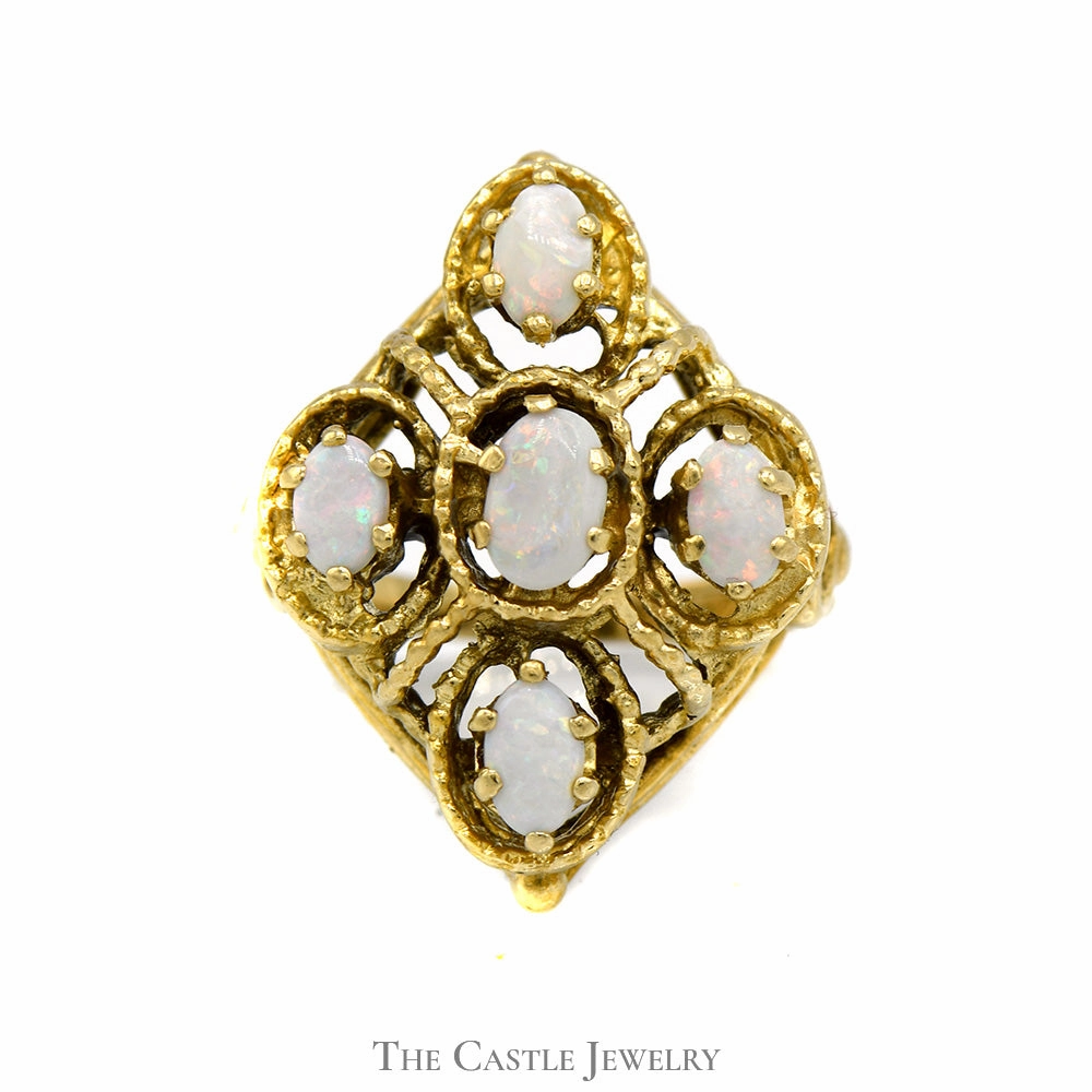Amazing Craft Fashion Choice Marquise Shaped Opal Cluster Ring in 14k Yellow Gold Open Shield Design Setting
