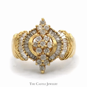 Marquise Shaped Round and Baguette Diamond Cluster Ring in 10k Yellow Gold Night Out