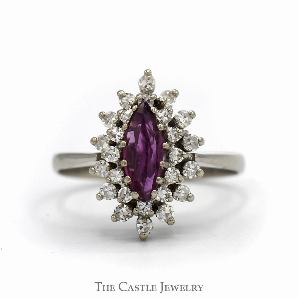 Casual Motion Marquise Shaped Ruby Ring with Double Diamond Halo in 14k White Gold