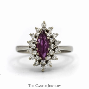 Casual Motion Marquise Shaped Ruby Ring with Double Diamond Halo in 14k White Gold