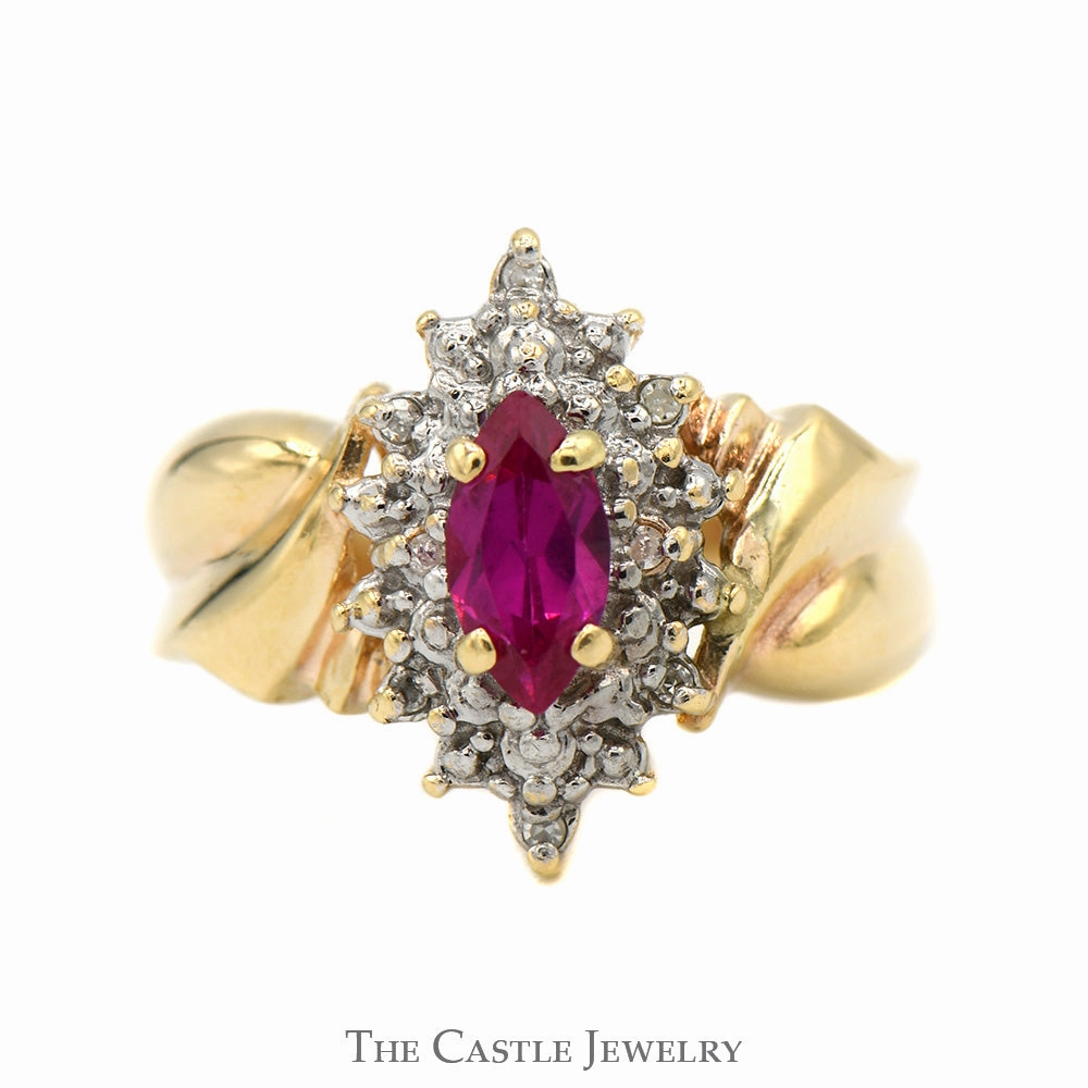 Fashionable Work Marquise Shaped Ruby Ring with Illusion Set Diamond Halo in 10k Yellow Gold