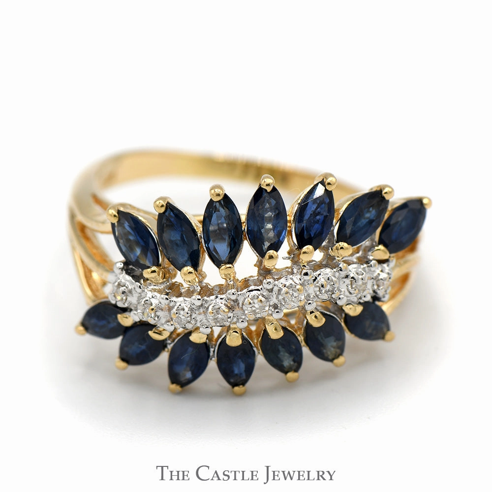 Gift Idea Marquise Shaped Sapphire and Diamond Cluster Band in 14k Yellow Gold