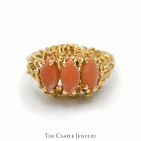 Marquise Shaped Triple Coral Ring with Open Nugget Style Setting in 14k Yellow Gold Romantic Art