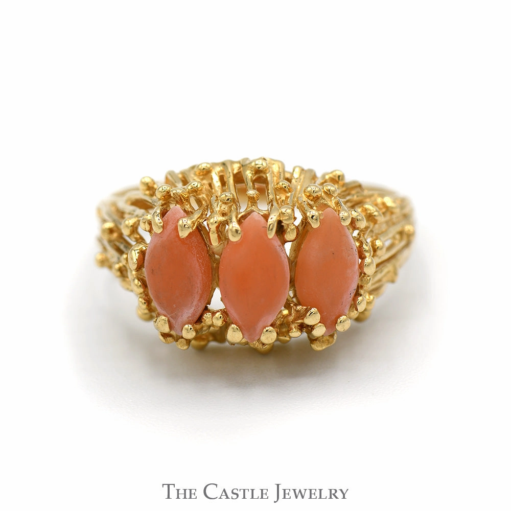 Marquise Shaped Triple Coral Ring with Open Nugget Style Setting in 14k Yellow Gold Romantic Art