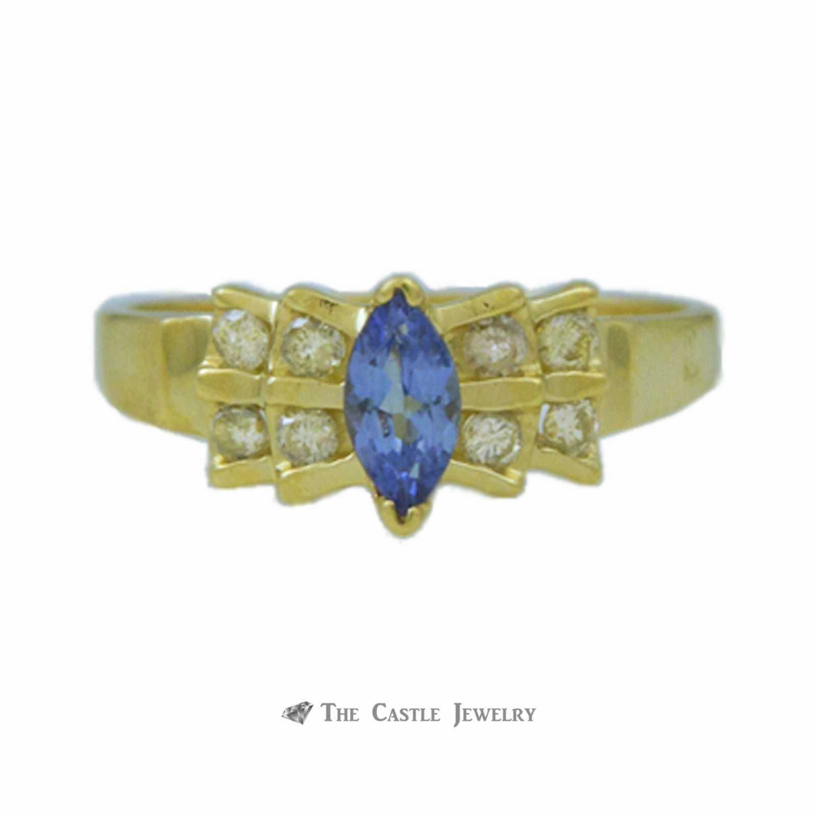 Marquise Tanzanite Ring in Bow Design Diamond Mounting 14K Gold Vintage Reproduction