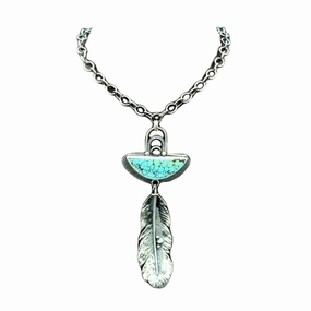 Camera Ready Long Sterling Silver Feather and Turquoise Necklace