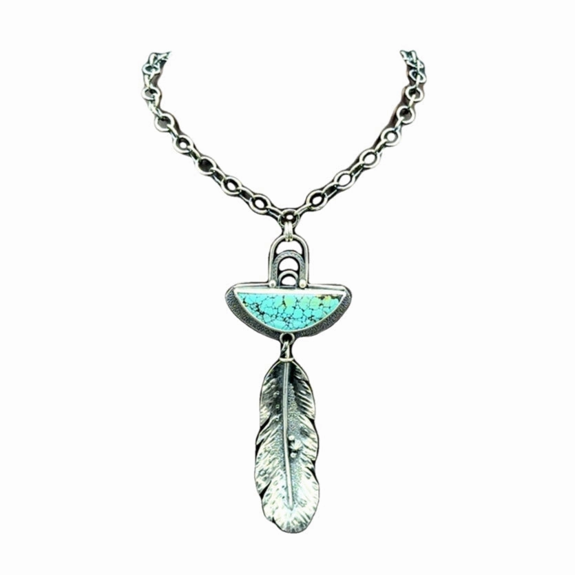 Camera Ready Long Sterling Silver Feather and Turquoise Necklace
