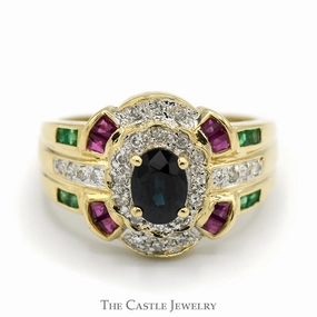 Lovely Design Oval Sapphire Ring with Diamond, Ruby and Emerald Accents in 14k Yellow Gold