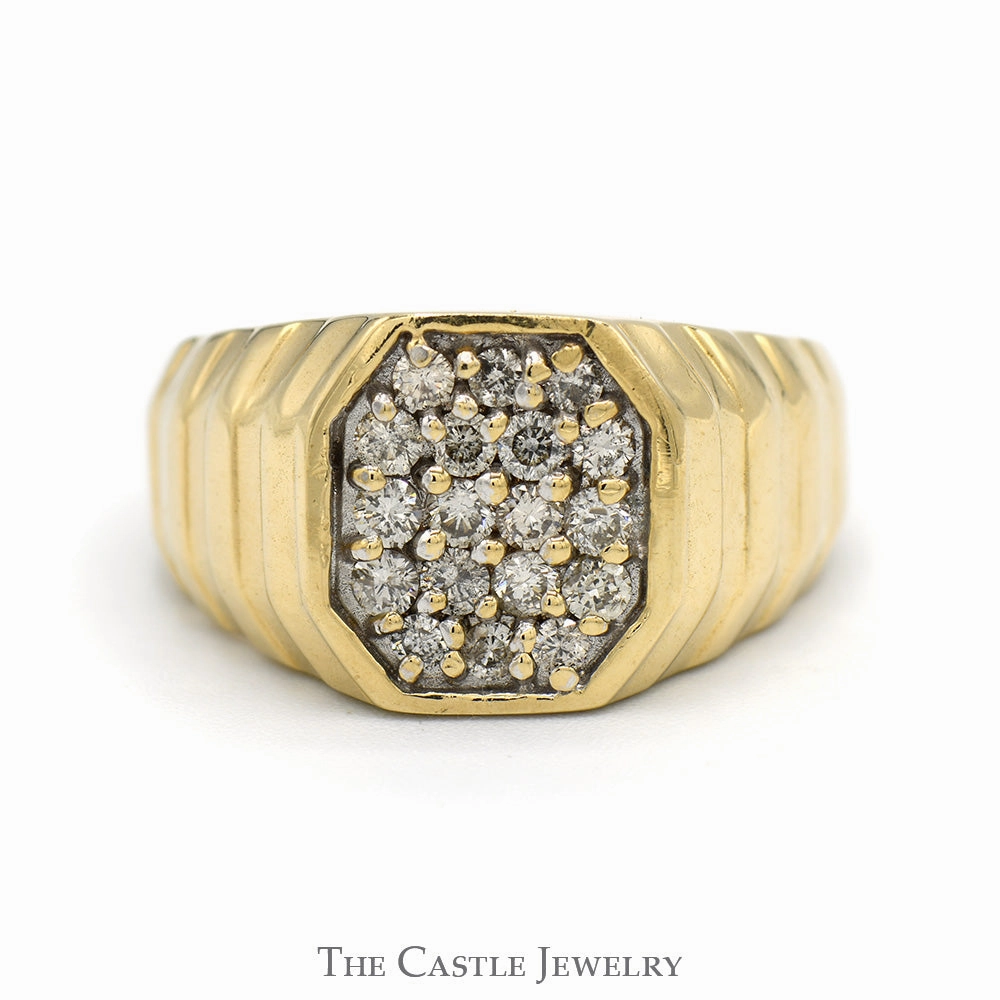 Exquisite Item Sparkling Adornment Octagonal Shaped Diamond Cluster Ring with Ridged Sides in 10k Yellow Gold
