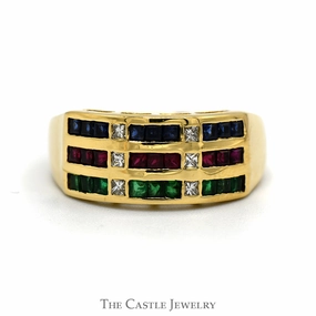 Robust Style Princess Cut Sapphire, Ruby & Emerald Multi Row Ring with Diamond Accents in 18k Yellow Gold