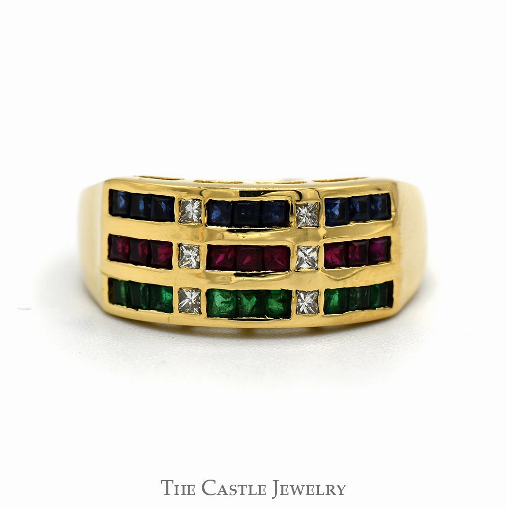 Robust Style Princess Cut Sapphire, Ruby & Emerald Multi Row Ring with Diamond Accents in 18k Yellow Gold