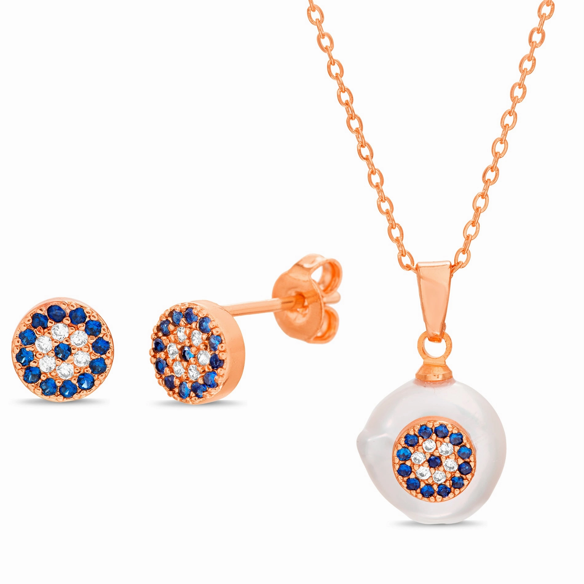 Vacation Gemstone Jewelry Lesa Michele Freshwater Pearl Crystal Evil Eye Earrings and Necklace Set in Stainless Steel