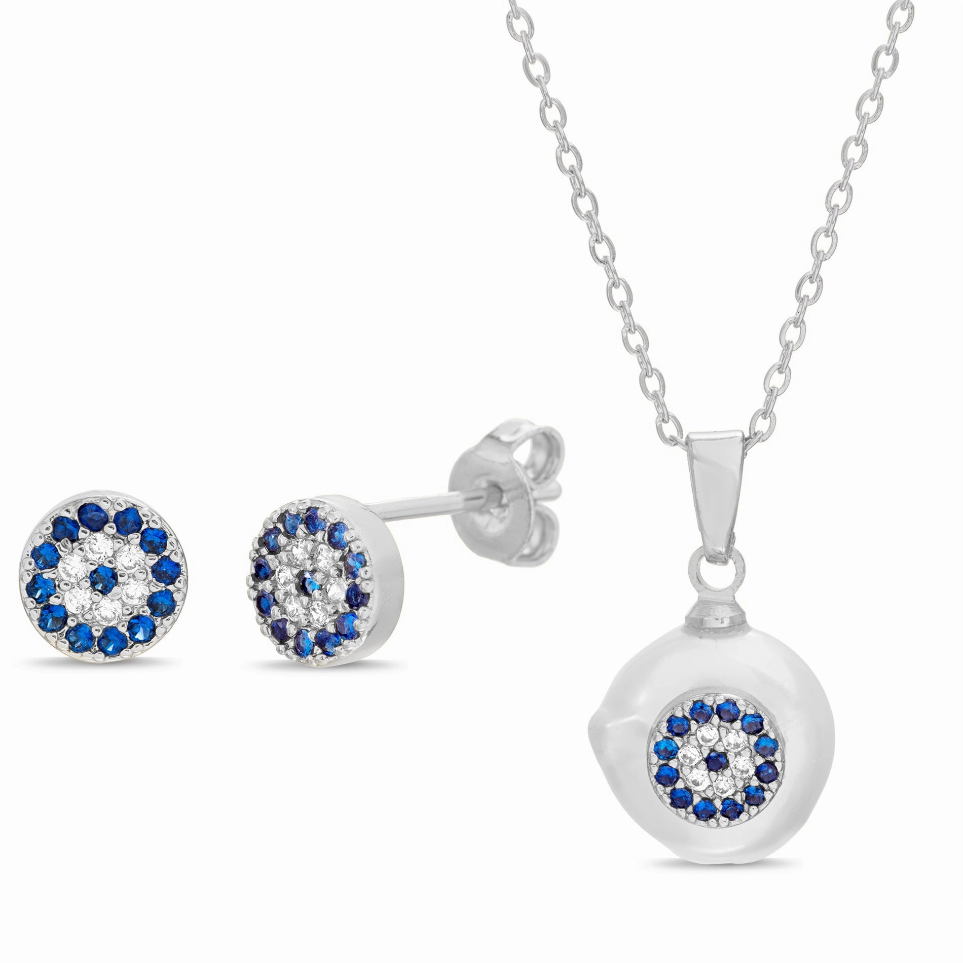 Lesa Michele Freshwater Pearl Crystal Evil Eye Earrings and Necklace Set in Stainless Steel Magnificent Jewelry Celebrity Adornment