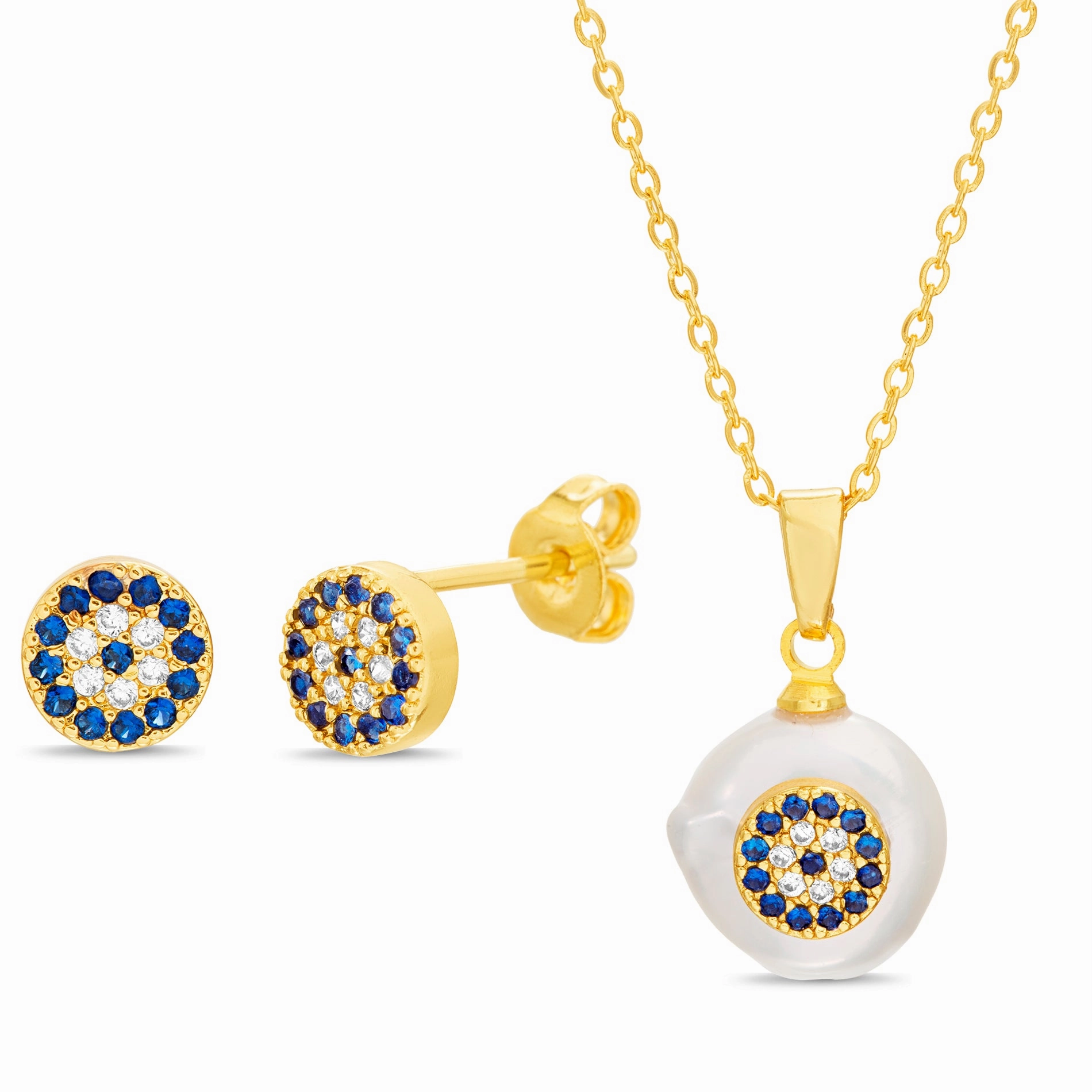 Lesa Michele Freshwater Pearl Crystal Evil Eye Earrings and Necklace Set in Stainless Steel Handmade Gift On Trend