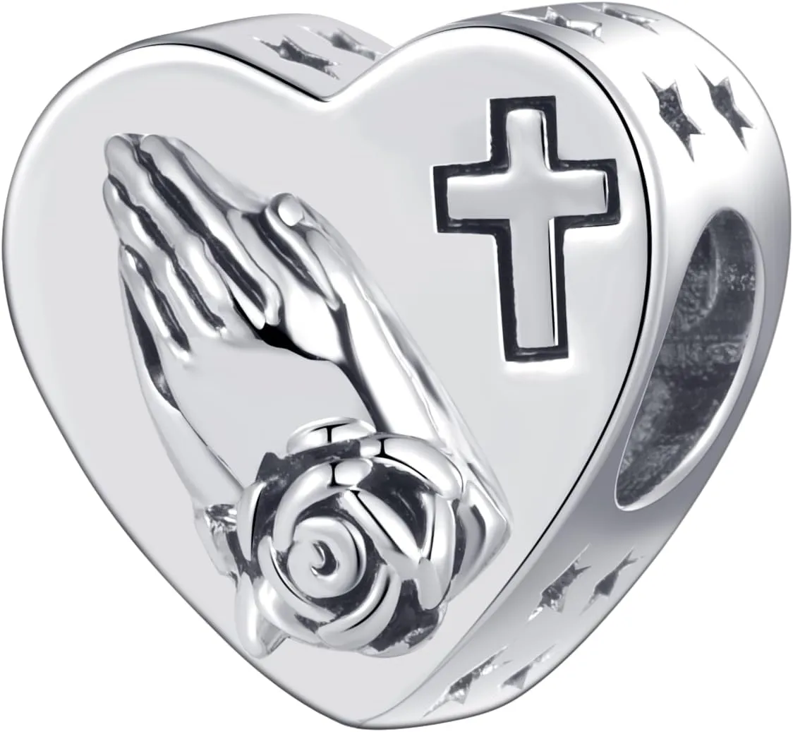 Memorial Prayer Cross Heart Charm Compatible with Pandora Charms Bracelets Beads Funeral Charm for Women