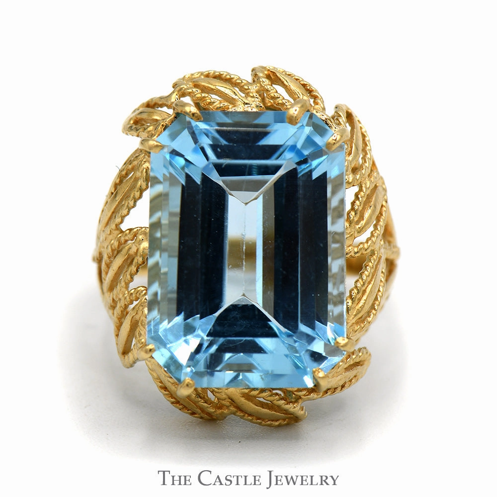 Bold Gift Coordinated Group Emerald Cut Blue Topaz Ring with Fancy Leaf Designed Open Setting in 10k Yellow Gold