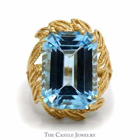 Bold Gift Coordinated Group Emerald Cut Blue Topaz Ring with Fancy Leaf Designed Open Setting in 10k Yellow Gold