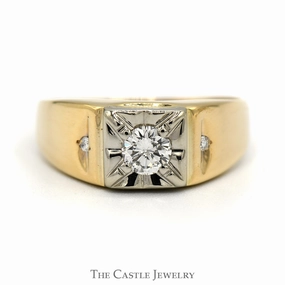 Artistic Shape Men's 1/2cttw Round Diamond Solitaire with Diamond Accented Sides in 10k Yellow Gold