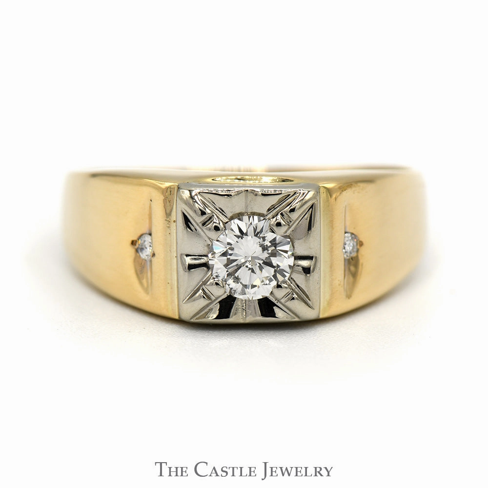 Artistic Shape Men's 1/2cttw Round Diamond Solitaire with Diamond Accented Sides in 10k Yellow Gold