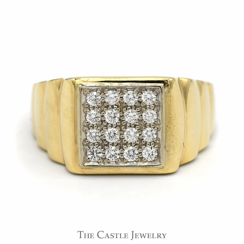 Men's 1/2cttw Square Shaped 16 Diamond Cluster Ring with Ribbed Sides in 14k Yellow Gold Fine Style