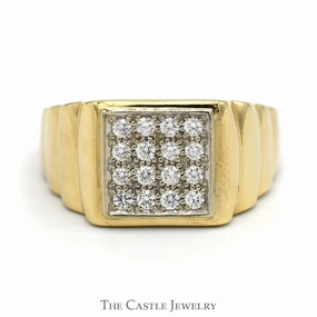 Men's 1/2cttw Square Shaped 16 Diamond Cluster Ring with Ribbed Sides in 14k Yellow Gold Fine Style