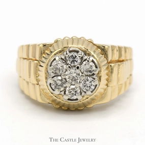 Men's 7 Diamond Cluster Ring with Ridged Bezel and Jubilee Style Sides in 14k Yellow Gold Outfit Enhancer Special Keepsake