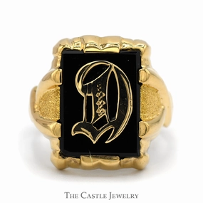 Men's Black Onyx Ring with Ornate "D" Overlay in 10k Yellow Gold Modern Craft