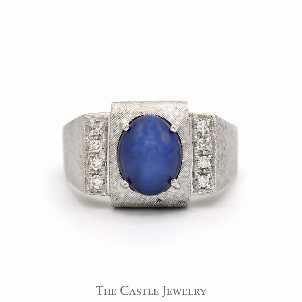 Men's Blue Lindy Star Ring with Diamond Accents and Brushed Textured Sides in 14k White Gold Artisan Style