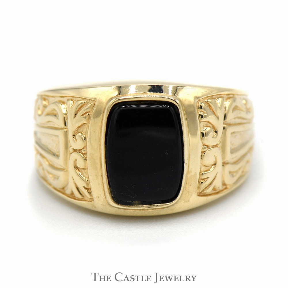 Perfect Present Men's Cushion Cut Black Onyx Ring with Scroll Designed 10k Yellow Gold Mounting