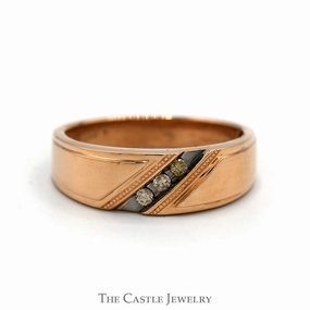 Men's Diagonally Set 3 Cocoa Diamond Band in 10k Rose Gold Low Profile Look Suburban Trend
