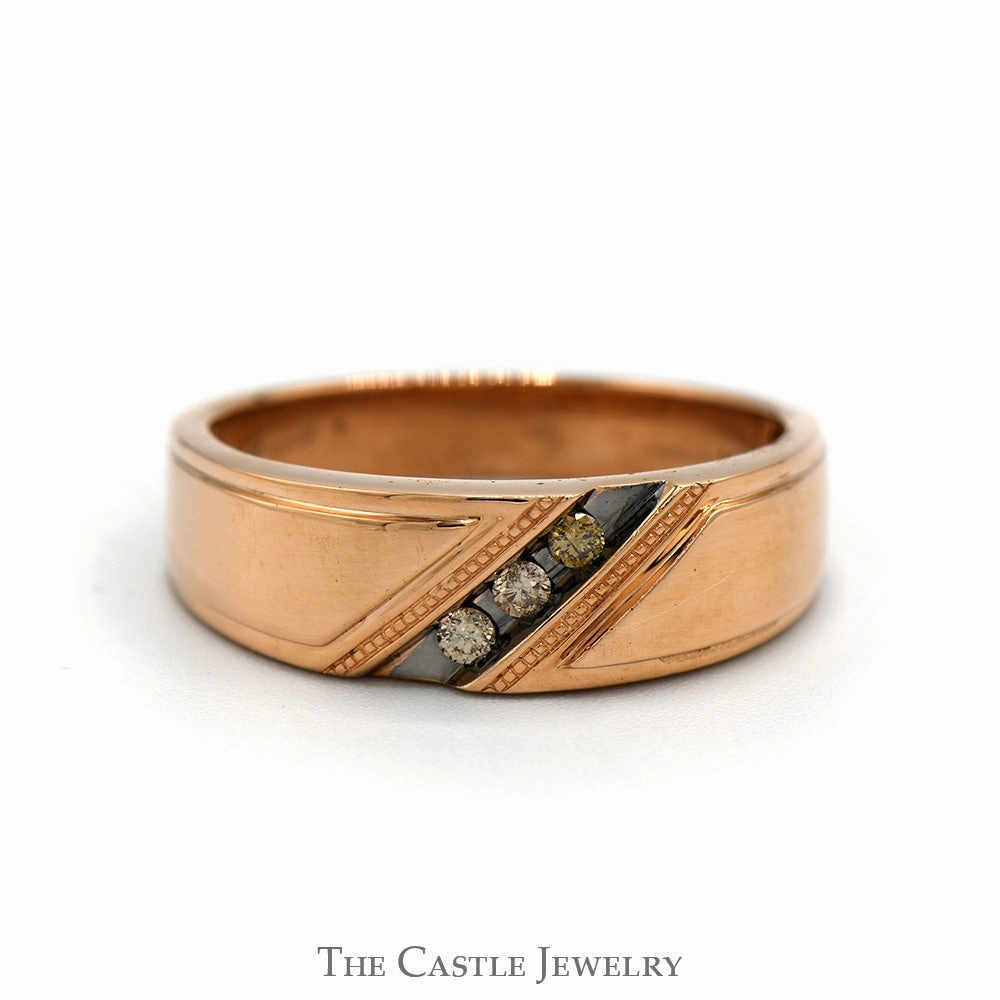 Men's Diagonally Set 3 Cocoa Diamond Band in 10k Rose Gold Low Profile Look Suburban Trend