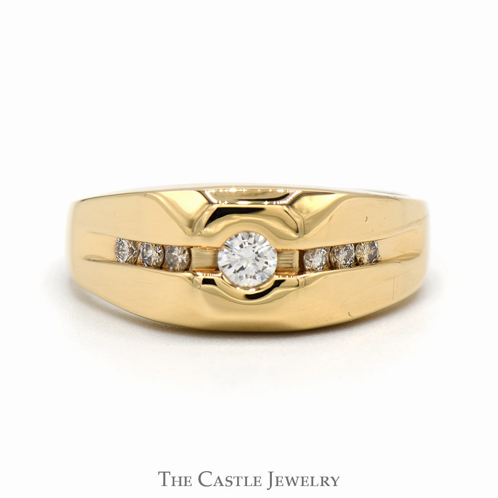 Travel Accessory Weekend Ready Men's Diamond Solitaire Ring with Channel Set Accents in 14k Yellow Gold