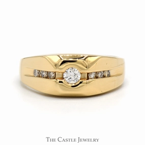 Travel Accessory Weekend Ready Men's Diamond Solitaire Ring with Channel Set Accents in 14k Yellow Gold
