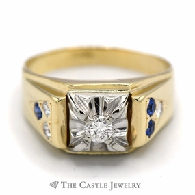 Customizable style Classy Jewelry Men's Diamond Solitaire with Flat Set Sapphire and Diamond Accents in 14k Yellow Gold