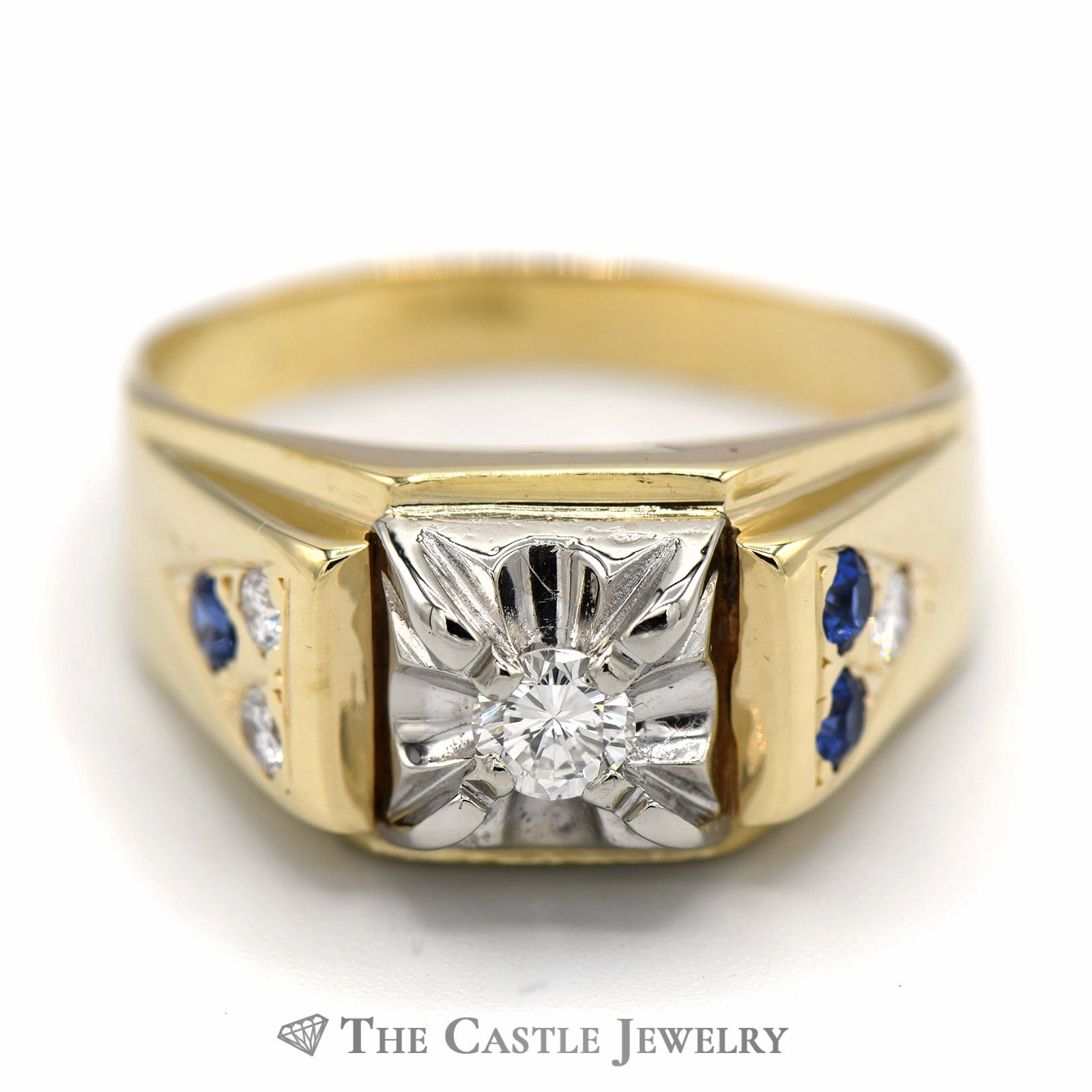 Customizable style Classy Jewelry Men's Diamond Solitaire with Flat Set Sapphire and Diamond Accents in 14k Yellow Gold