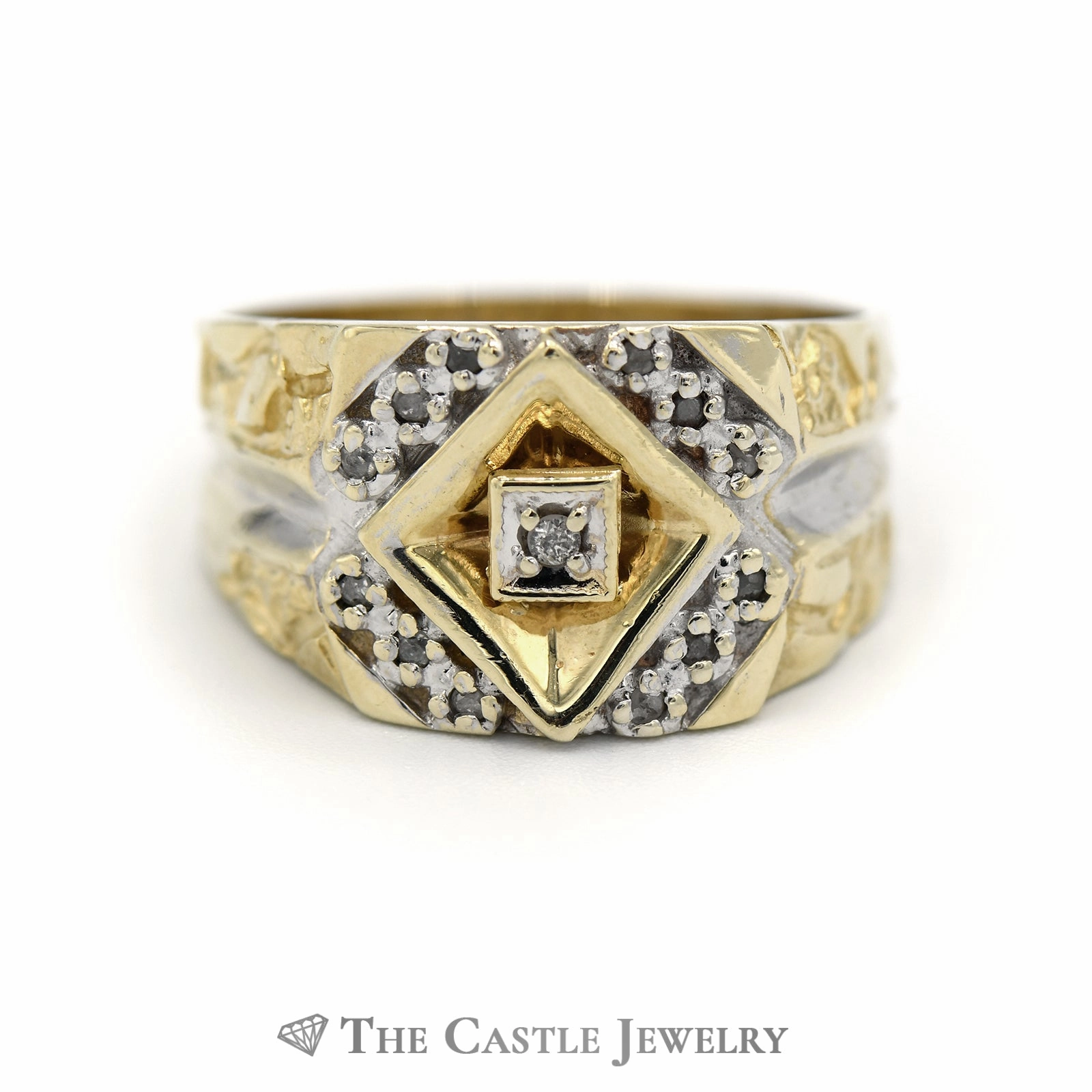 Men's Illusion Set Diamond Ring in 14k Split Nugget Yellow Gold Mounting Decorative Jewelry