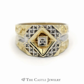 Men's Illusion Set Diamond Ring in 14k Split Nugget Yellow Gold Mounting Decorative Jewelry