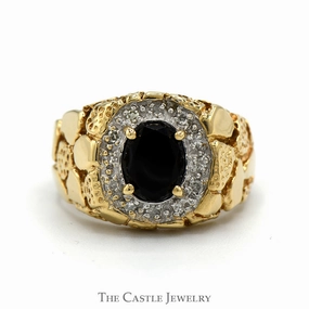Coordinated Group Men's Oval Black Onyx Ring with Diamond Bezel and Nugget Textured Sides in 10k Yellow Gold