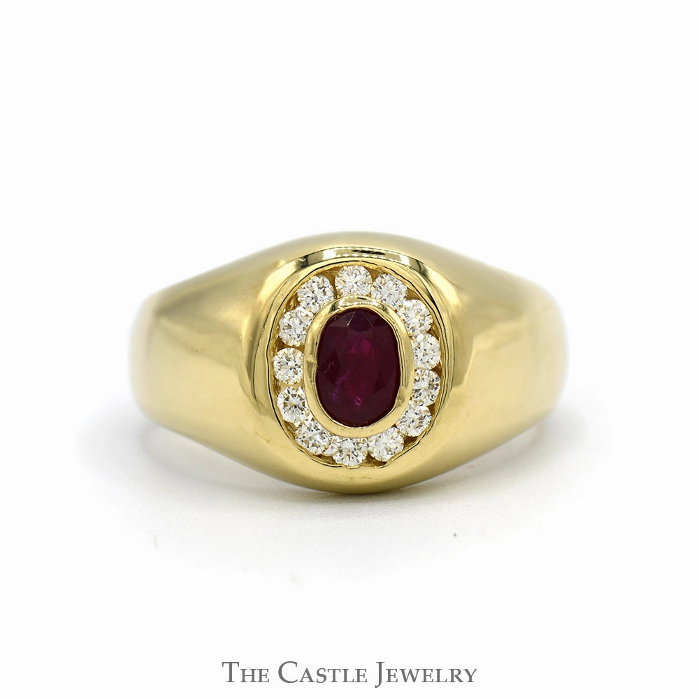 Men's Oval Cut Ruby Ring with Channel Set Diamond Bezel in 14k Yellow Gold Premium Jewelry Beautiful Art