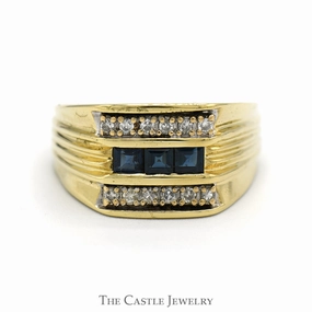 Men's Square Sapphire Ring with Diamond Accents in 14k Yellow Gold Ridged Setting Fashion Revolution