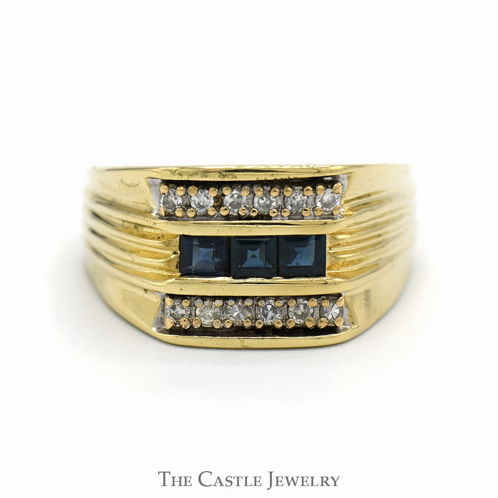 Men's Square Sapphire Ring with Diamond Accents in 14k Yellow Gold Ridged Setting Fashion Revolution