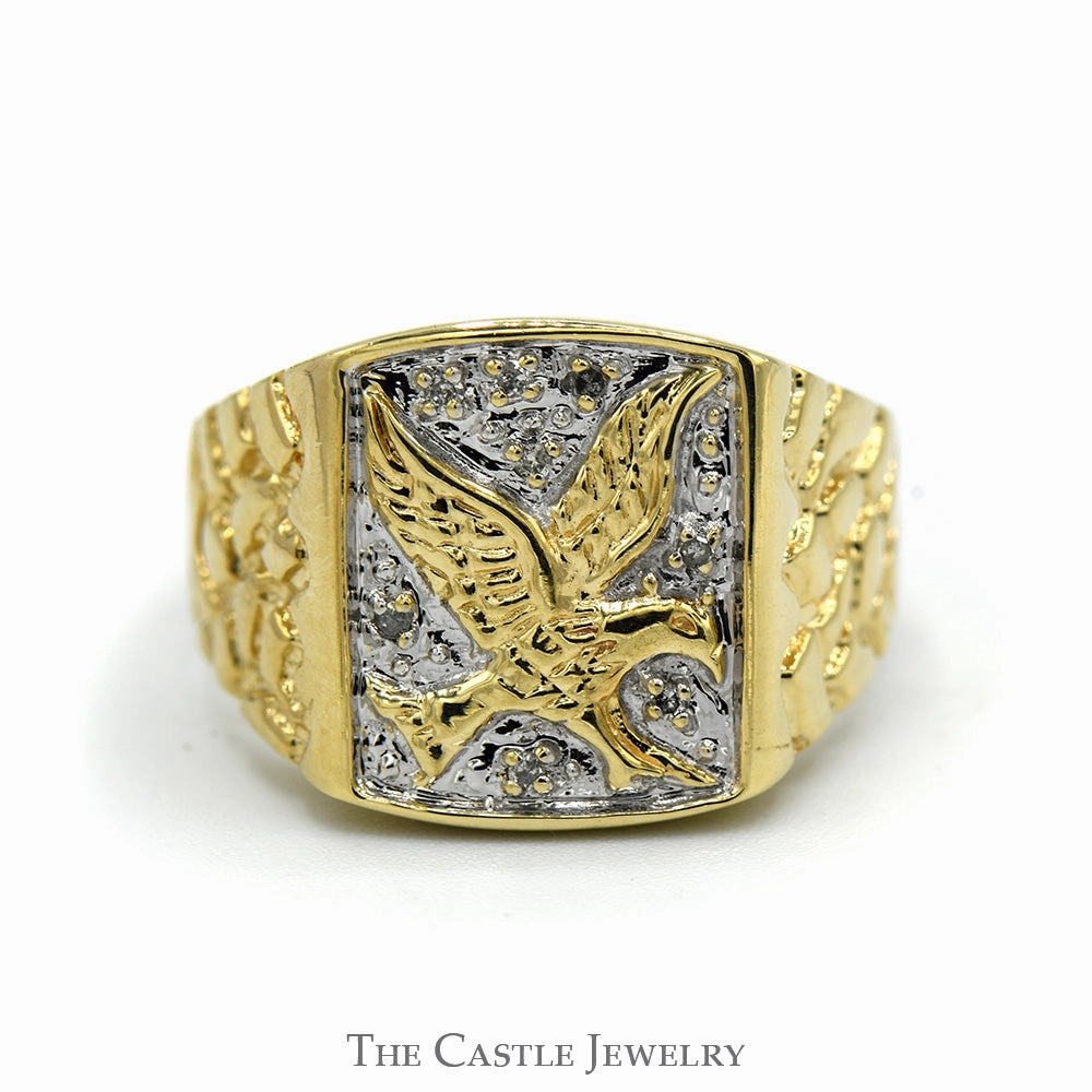 Hand Finished Men's Two Tone Eagle Signet Ring with Illusion Set Diamond Accents and Nugget Sides in 10k Yellow Gold