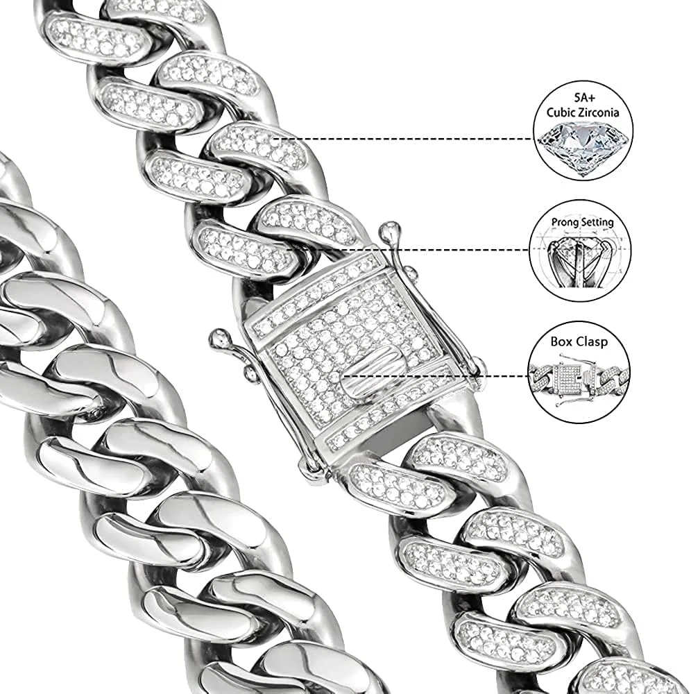 Men's Anti-Tarnish Thick Solid Stainless Steel 20mm 14K Gold Finish Icy Micro Pave Cubic Zirconia Hip Hop Bling Miami Cuban Link Chain Choker Necklace Bracelet 20-24 inches