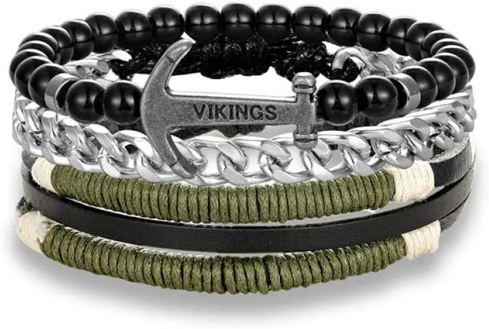 Mens Bracelets Rope Leather Bracelets For Men Multilayer Leather Beaded Charm Bracelet Women'S Stainless Steel Chain Men'S Couple Bracelets-A