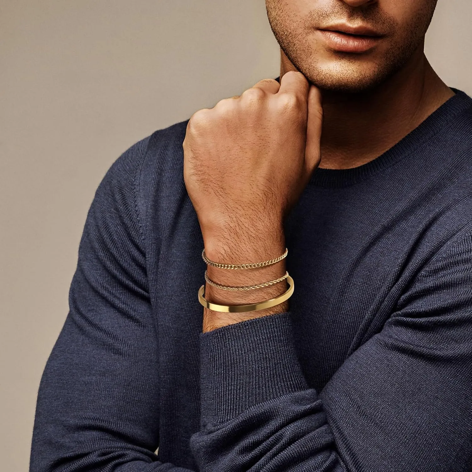 Men's Gold & Silver Bracelet Set - Stainless Steel, 14K Gold Plated Cuff Link Chain & Cuban Bangle