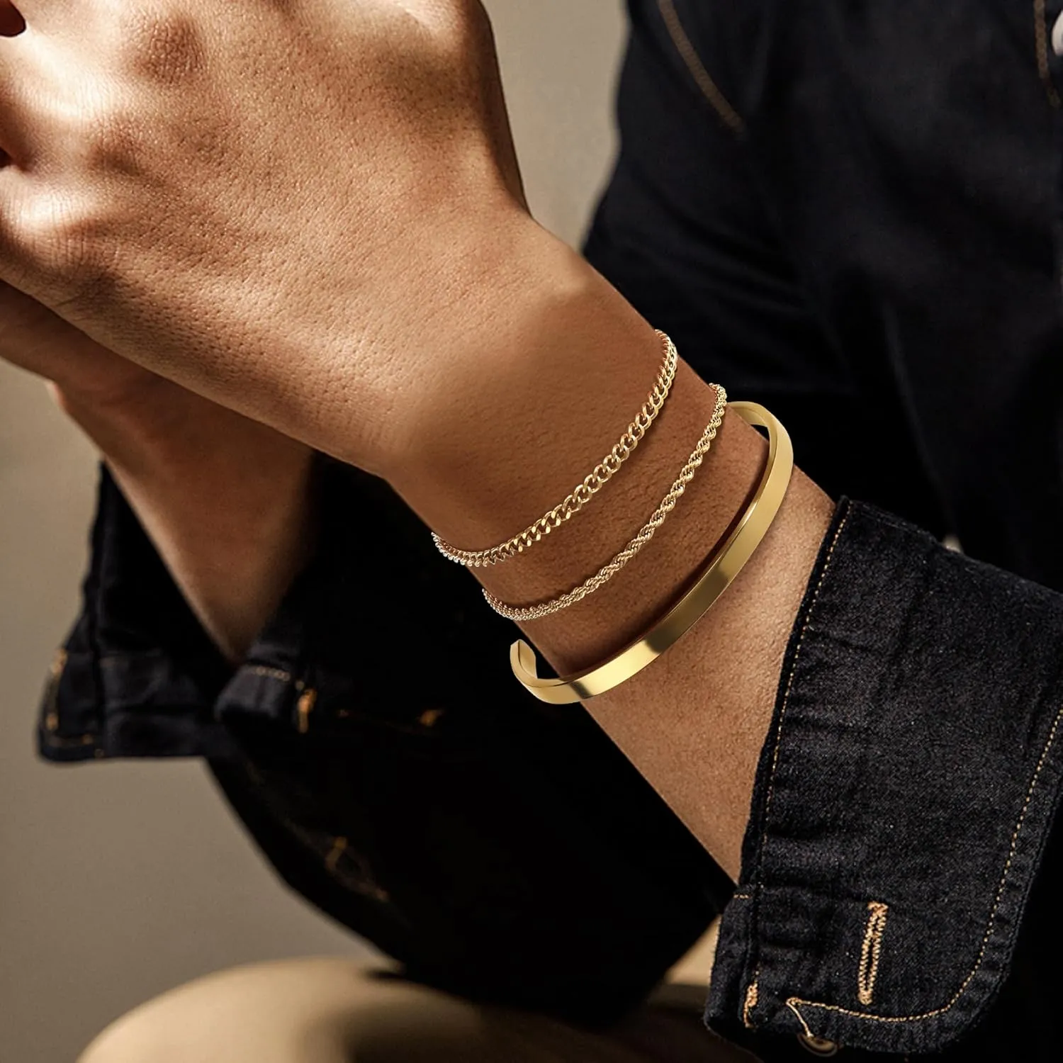 Men's Gold & Silver Bracelet Set - Stainless Steel, 14K Gold Plated Cuff Link Chain & Cuban Bangle