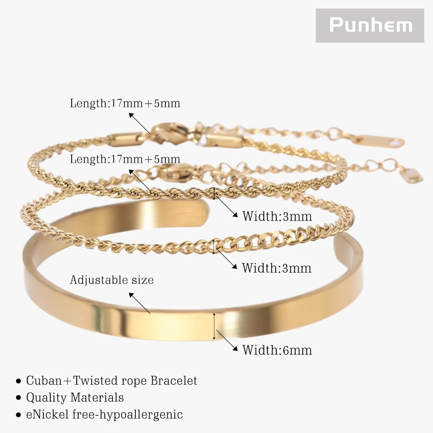 Men's Gold & Silver Bracelet Set - Stainless Steel, 14K Gold Plated Cuff Link Chain & Cuban Bangle